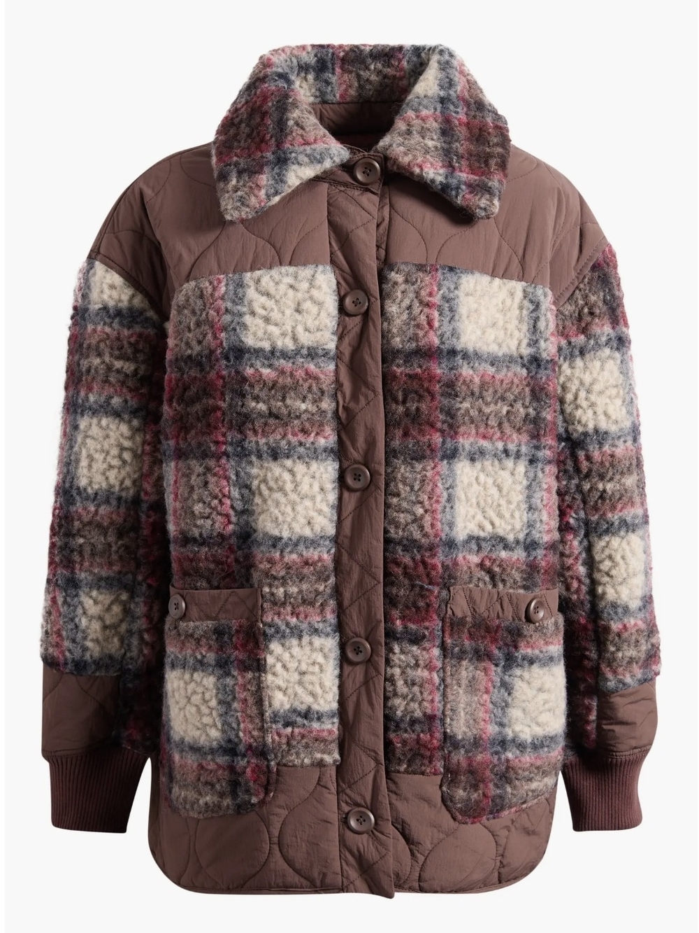 FREE PEOPLE Sana Quilted Plaid Fleece Bomber Jacket In Pomegranate Combo